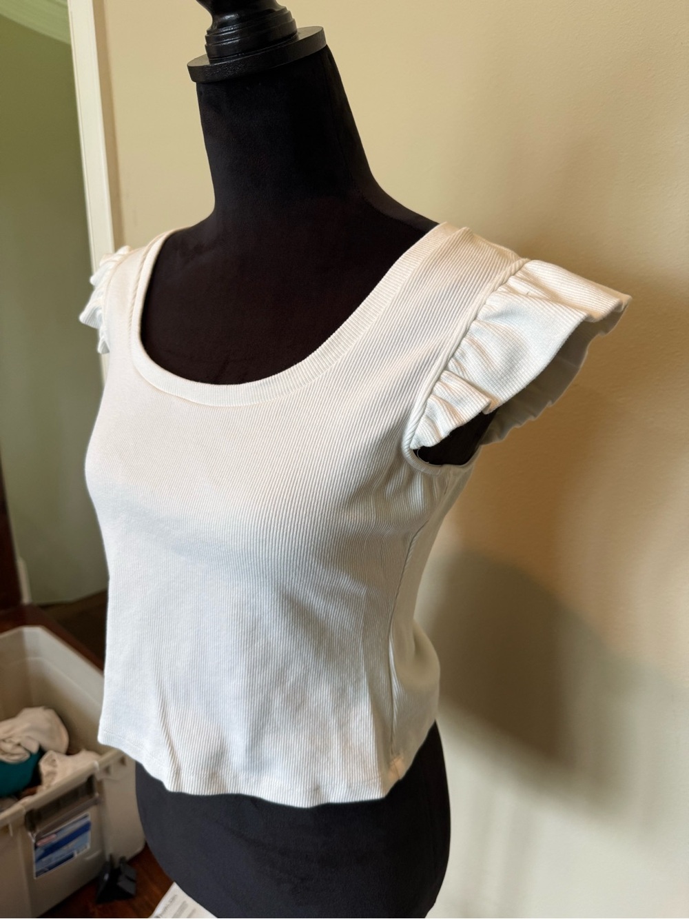 Free the Roses White Ruffle Sleeve Ribbed Tank